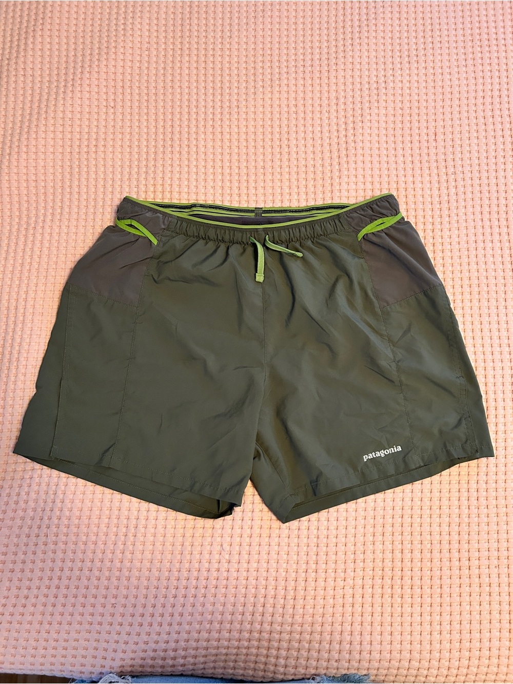 Patagonia Olive Green Women's Athletic Shorts with Lime Accents